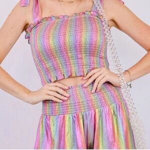 TCEC Rainbow Stripe Metallic Smocked Stretch Flounce Shorts